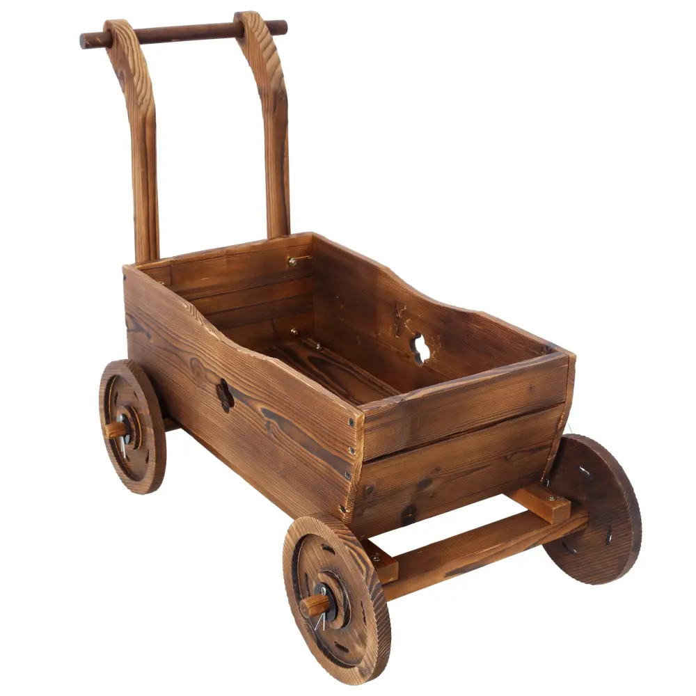 Wooden Wagon Planter Box Mobile Garden Planter Wheels Handle Drain Hole Wood - Espresso