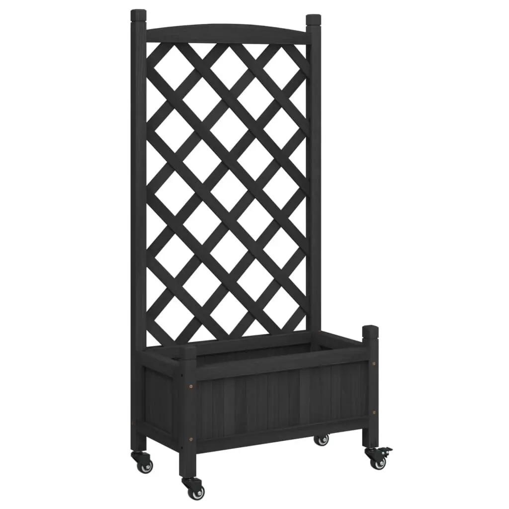 Planter Trellis and Wheels Black Solid Wood Fir Garden and Patio