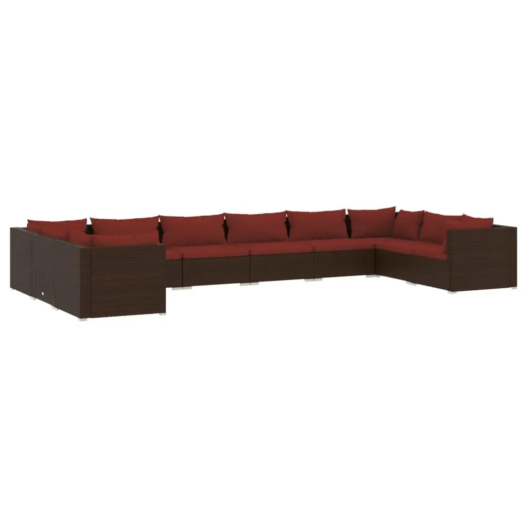 10 Piece Patio Lounge Set Cushions Poly Rattan Brown Outdoor Sofa Set