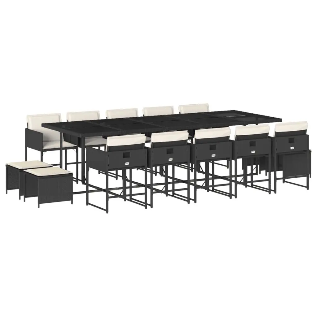 15 Piece Black Poly Rattan Patio Dining Set Cushions