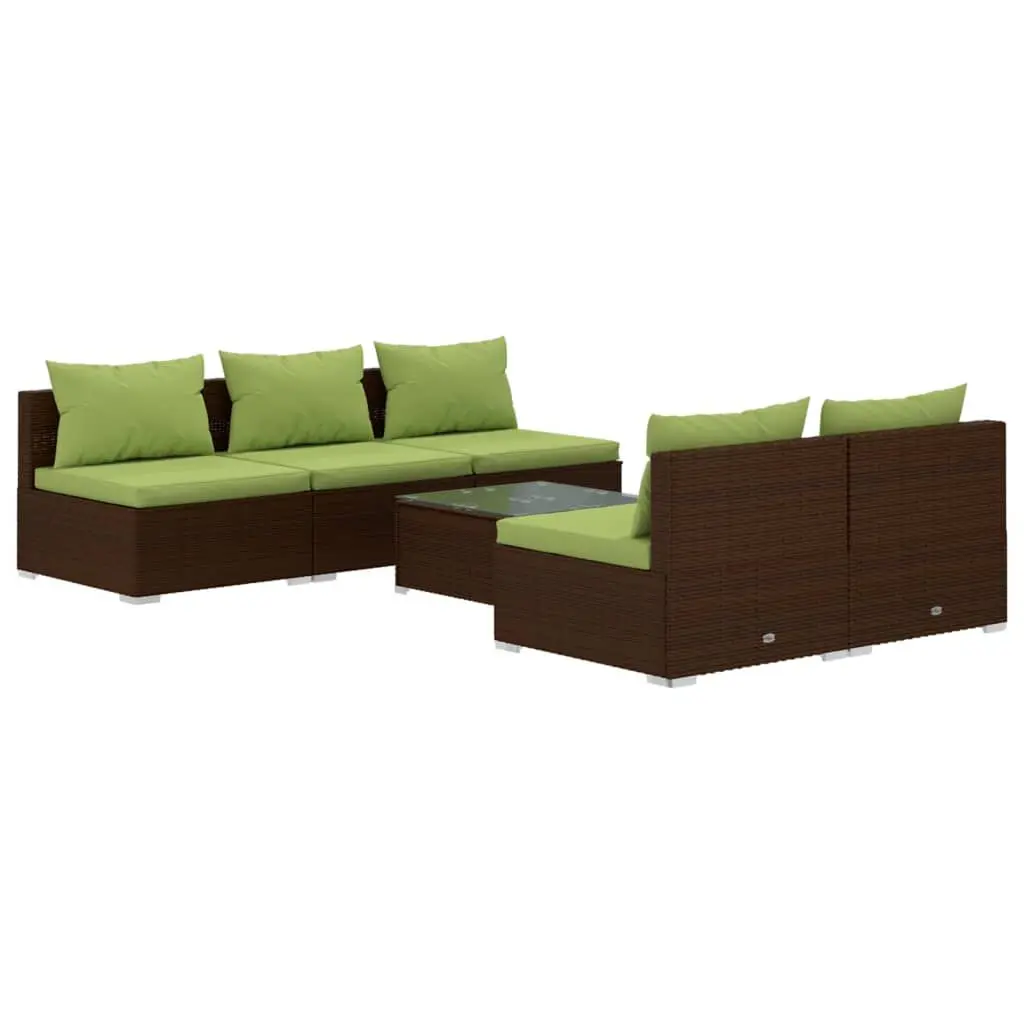 6 Piece Brown Poly Rattan Patio Set All-Weather Cushions Outdoor Seating