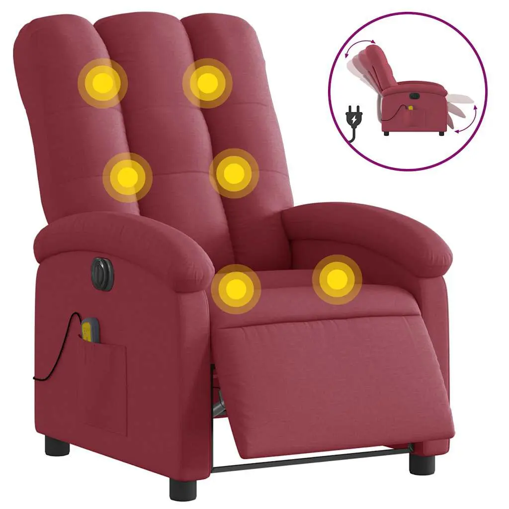 Electric Massage Recliner Chair Wine Red Fabric Heat and Vibration