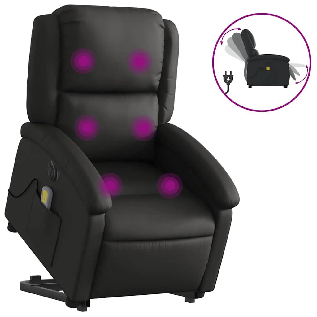 Electric Stand up Massage Recliner Chair Black Real Leather Power Lift
