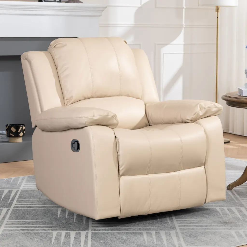 Swivel And Glider Recliner Chair Beige Faux Hide Manual Push Button lehboson