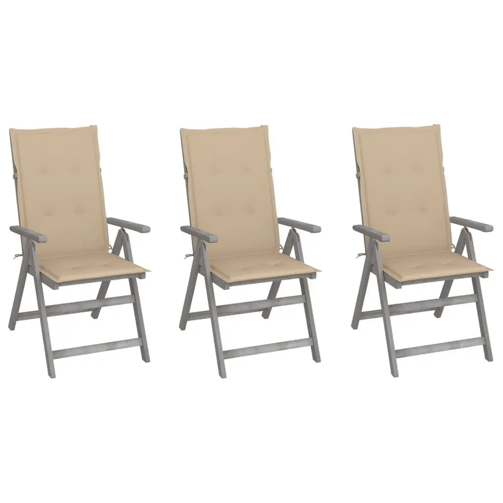 3-Piece Patio Reclining Chairs Cushions Solid Acacia Wood Outdoor Seating