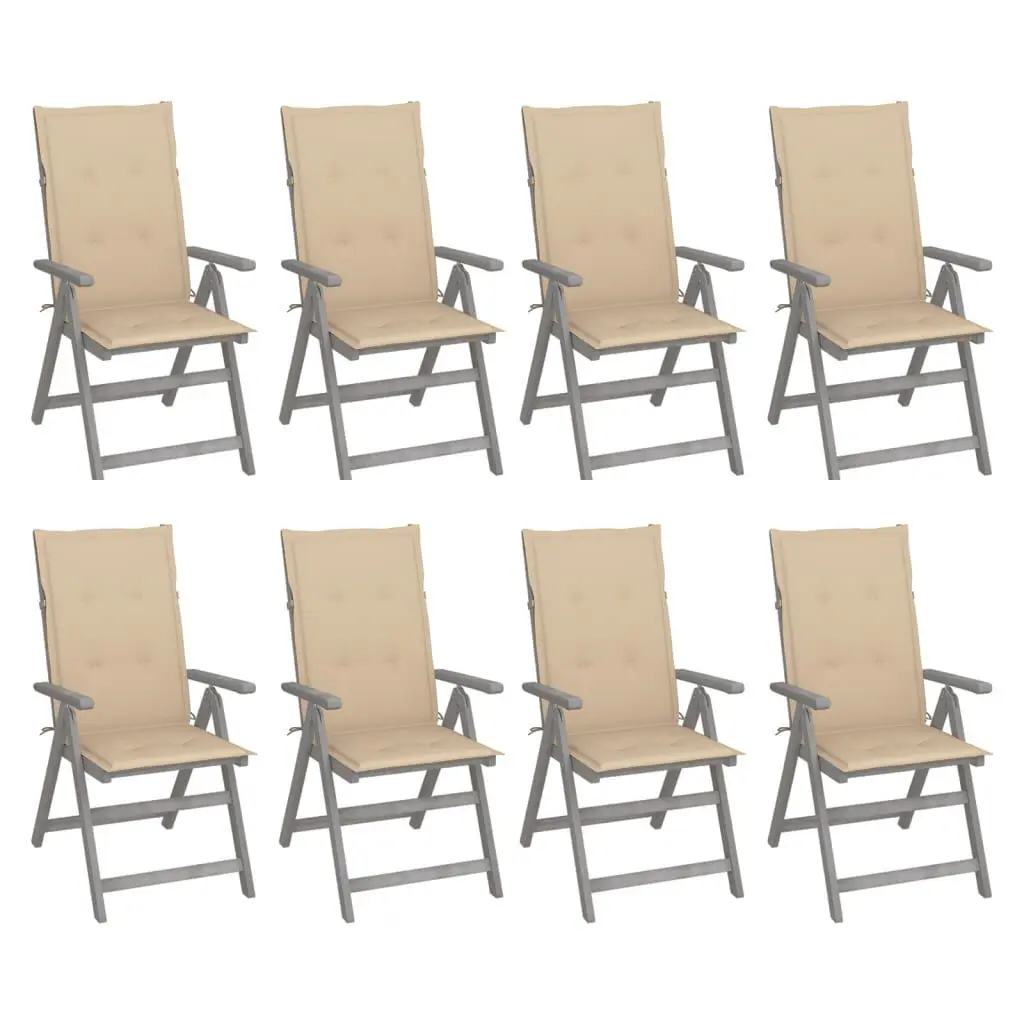 8-Piece Gray Patio Reclining Chairs Cushions Acacia Wood Outdoor Furniture