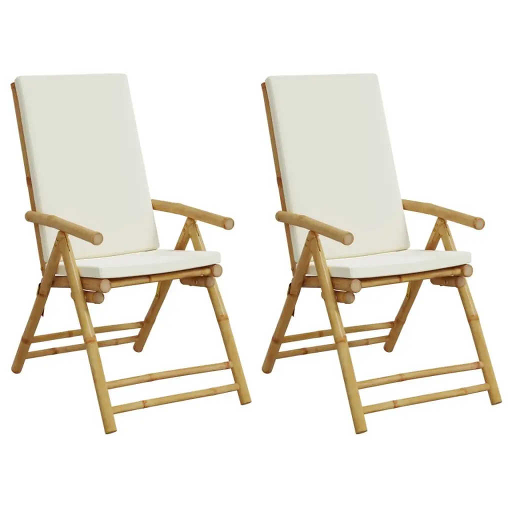 Folding Patio Reclining Chairs 2 pcs Cushions Bamboo Outdoor Furniture