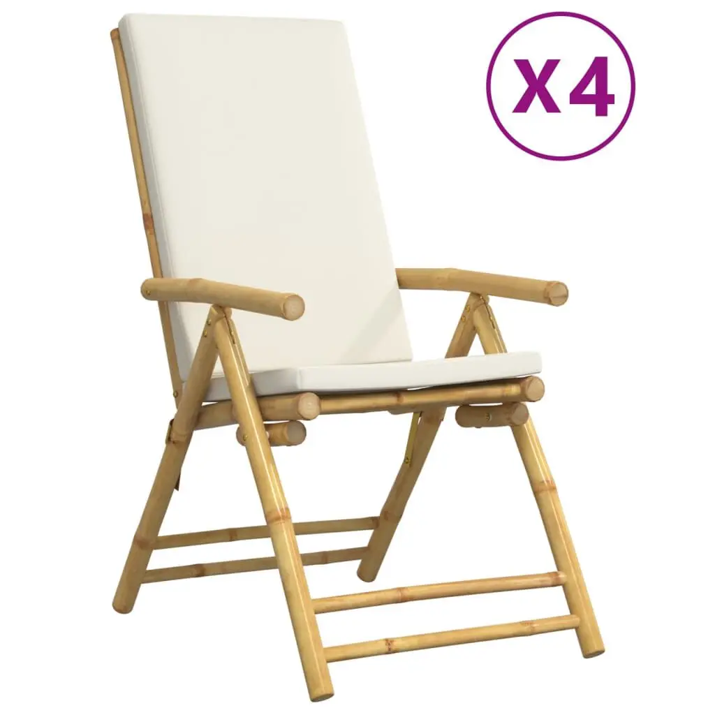 4 Piece Folding Patio Reclining Chairs Cream White Cushions Bamboo