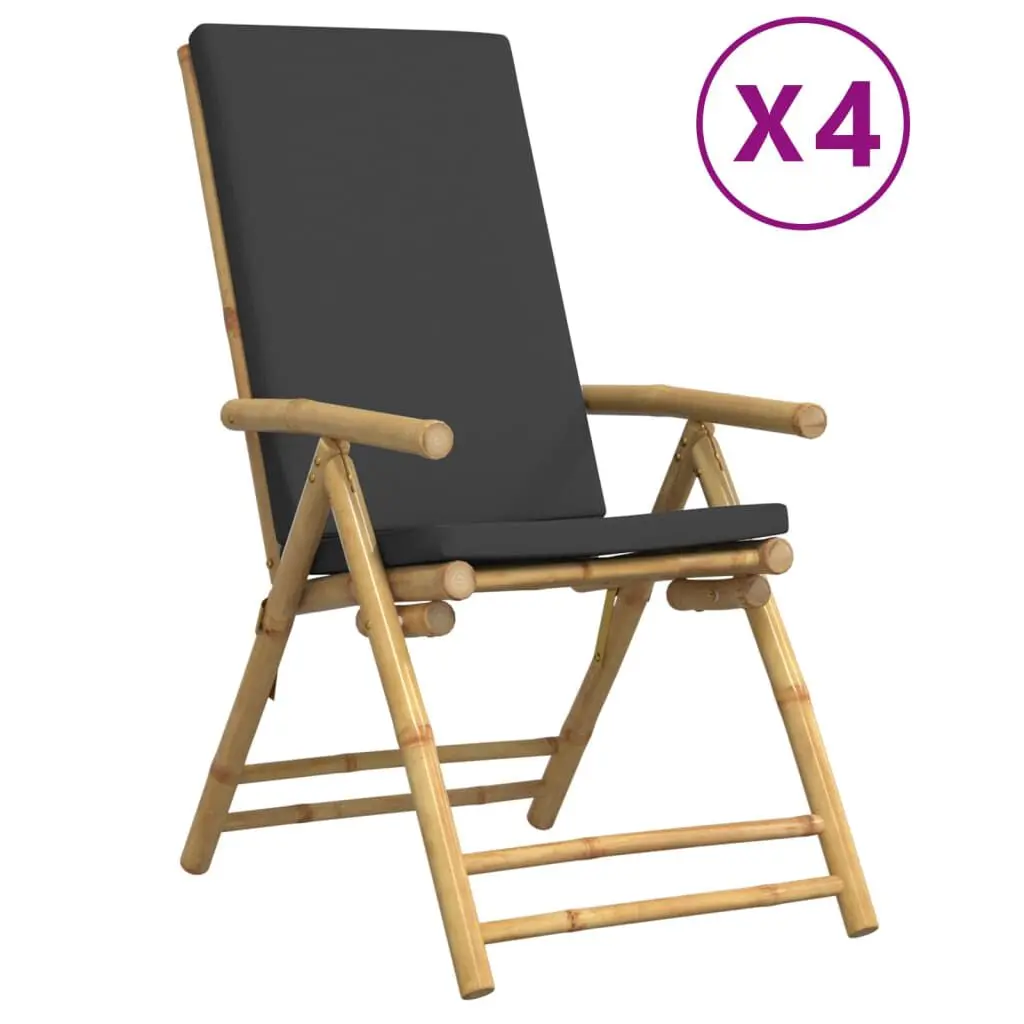 4 Piece Folding Patio Reclining Chairs Dark Gray Cushions Bamboo Outdoor Furniture