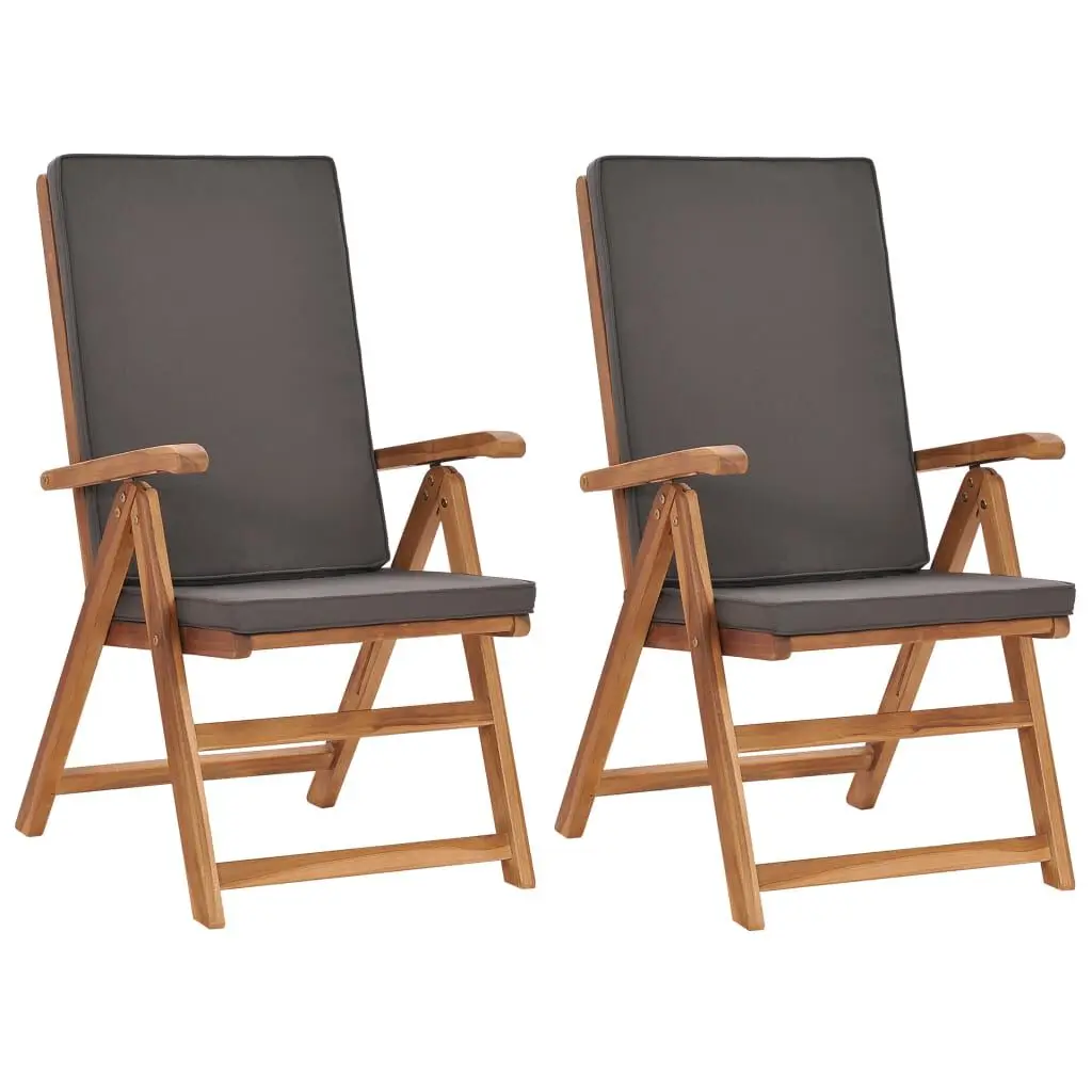 Reclining Patio Chairs Cushions 2 pcs Solid Teak Wood Gray Outdoor Furniture