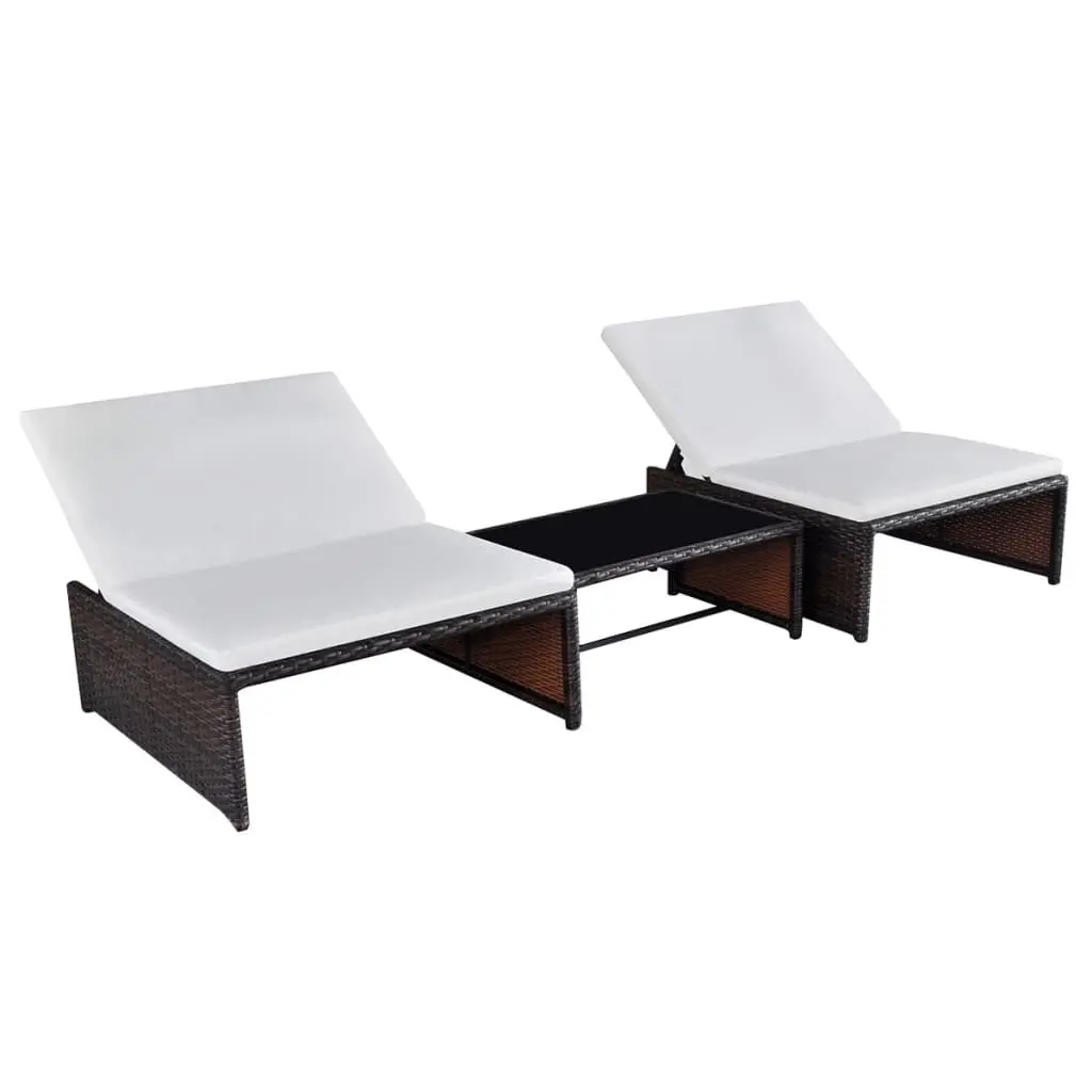 Reclining Patio Chairs 2 pcs Table Brown Poly Rattan Outdoor Furniture