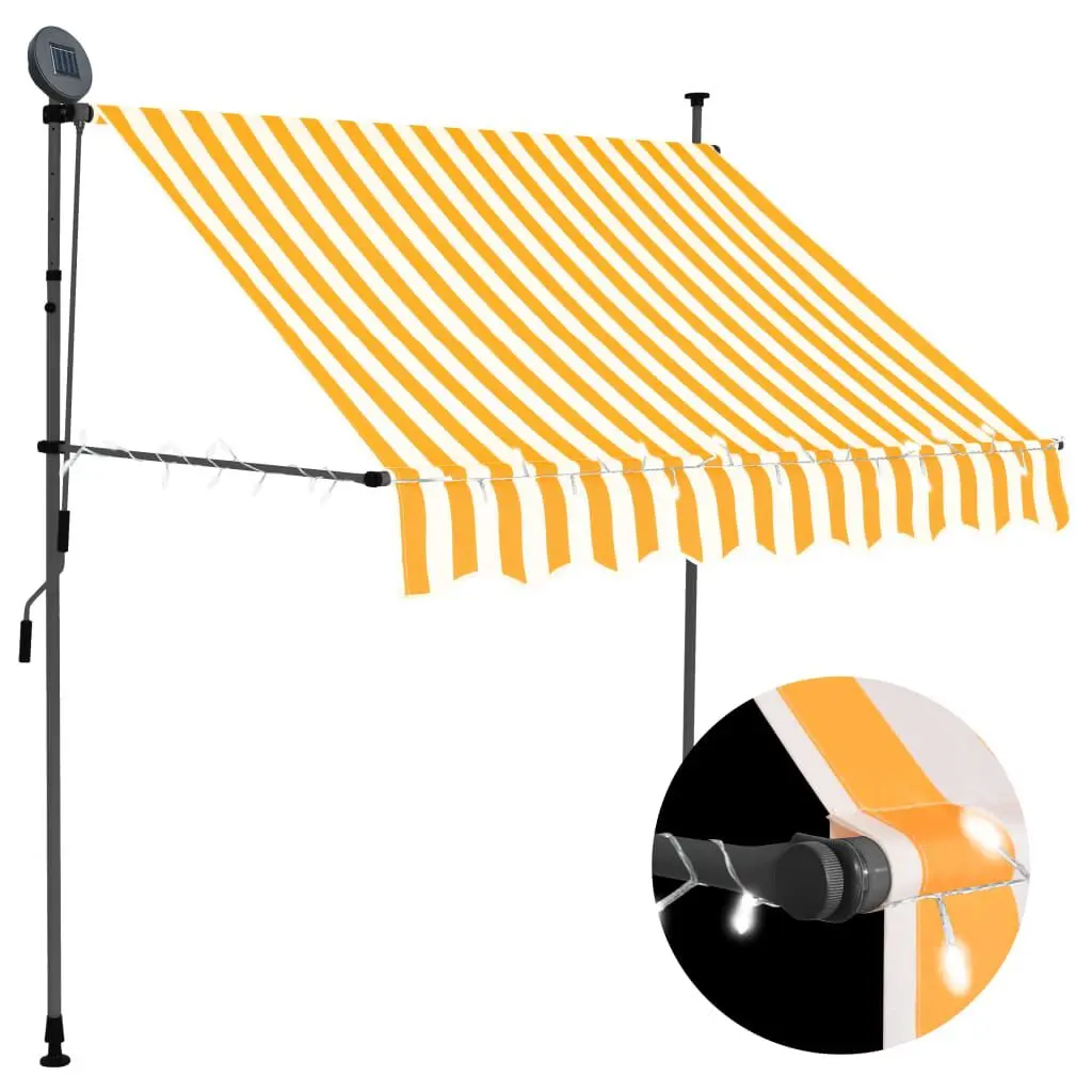 78.7 Inch Manual Retractable Awning LED Lights White and Orange Patio Cover