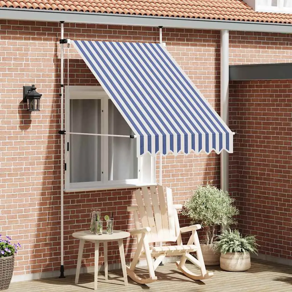 59 Inch Manual Retractable Awning Blue and White Stripes Sun Shade Canopy