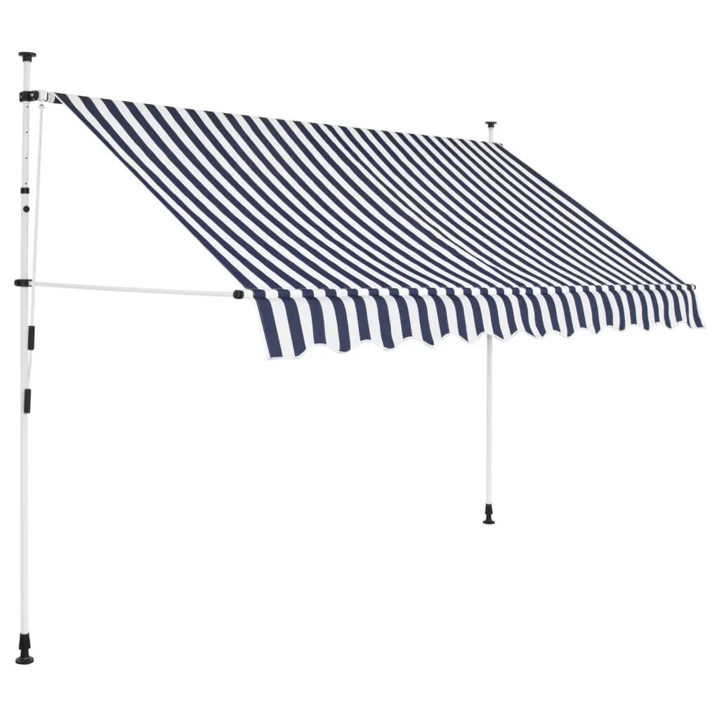 Manual Retractable Awning 118 Inches Blue and White Stripes Outdoor Shade