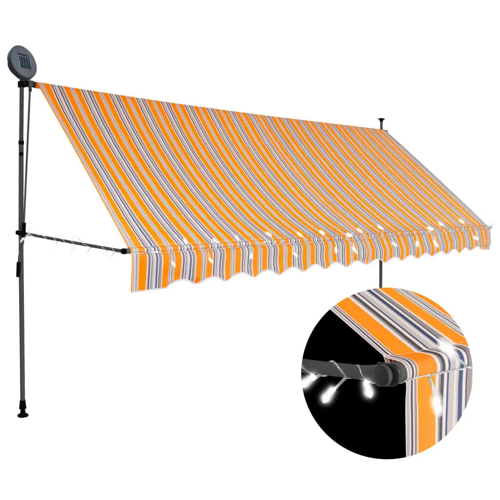 Manual Retractable Awning LED 157.5 Inches Yellow and Blue Extra Large Sun Shade