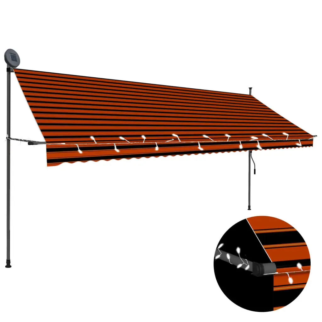 Manual Retractable Awning LED Lights 157.5 Inches Orange and Brown Outdoor Patio Shade