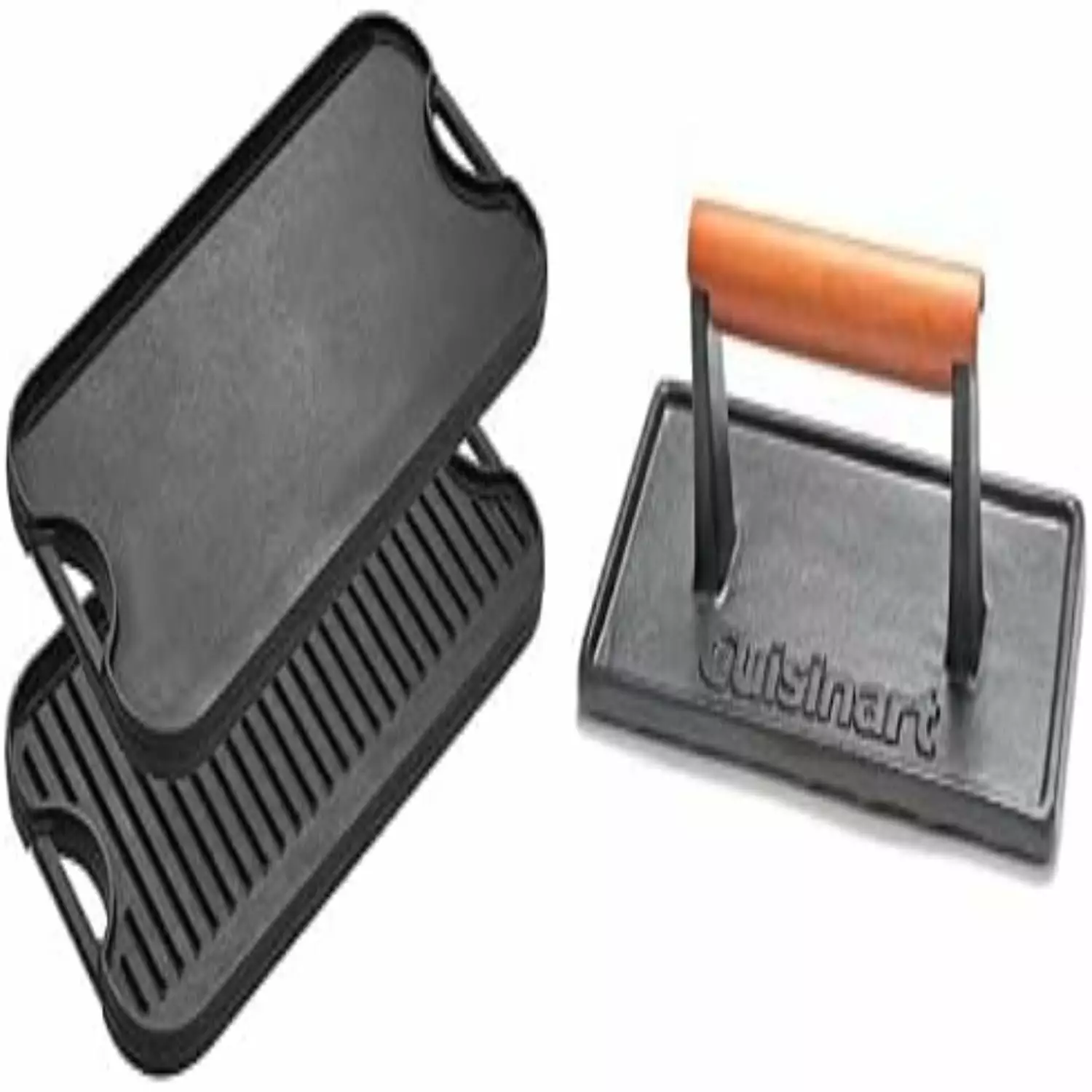 LPGI3 Cast Iron Reversible Grill Griddle 20x10.44 Inch Black CGPR-221 Cast Iron Grill Press Wood Handle 2.1 Pounds None