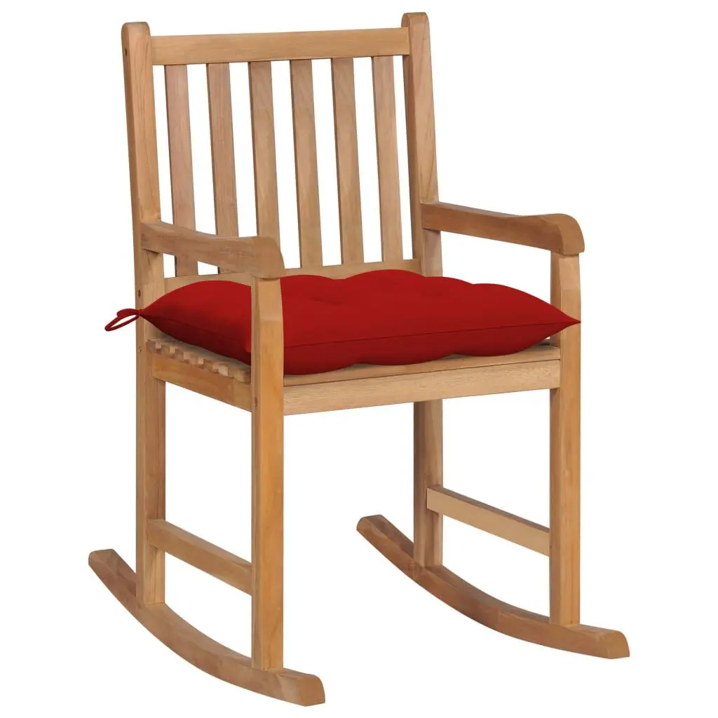 Rocking Chair Red Cushion Solid Teak Wood Comfortable Porch Chair