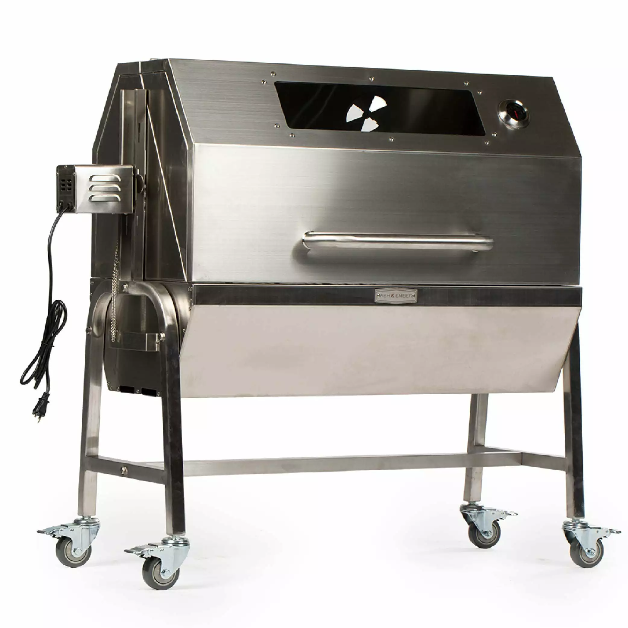 Ash & Ember 13W Stainless Steel BBQ Rotisserie Grill Hooded Cover Glass Window 4 RPM Rotation Speed Medium Game 13w