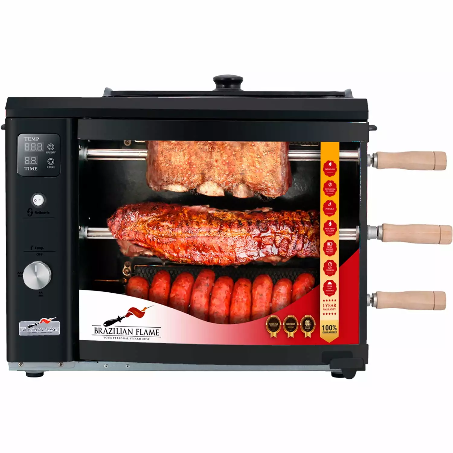 Brazilian Flame Brazilian Gas Rotisserie Grill 3 Skewers and Upper Tray Black