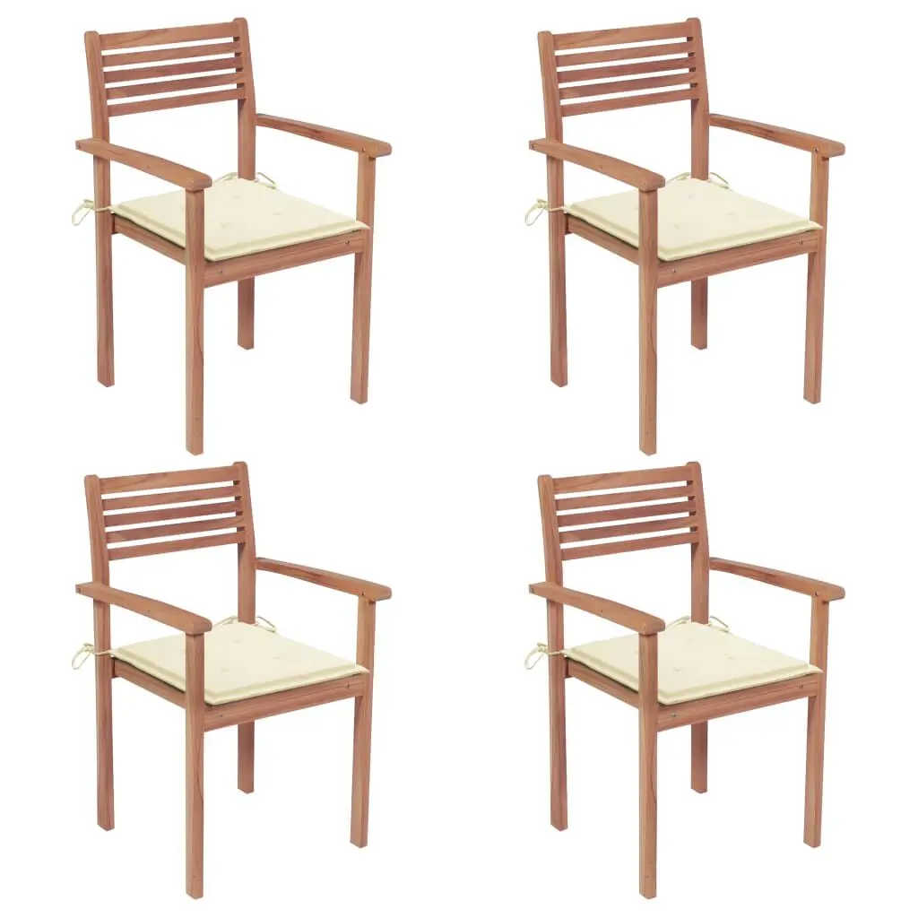 4-Piece Patio Chairs Cream Cushions Solid Teak Wood Outdoor Seating Set