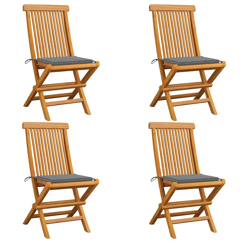4-Piece Patio Chairs Gray Cushions Solid Teak Wood Outdoor Seating Set