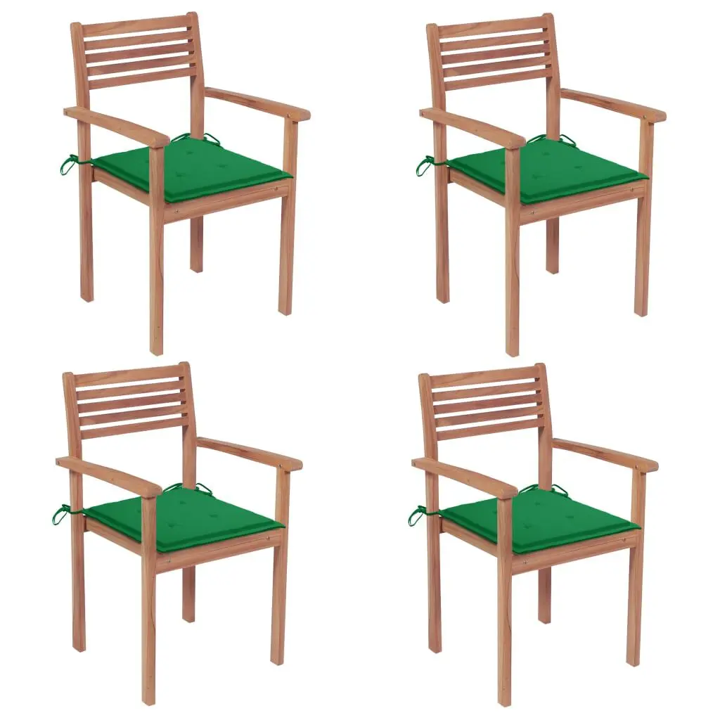 4-Piece Patio Chairs Green Cushions Solid Teak Wood Outdoor Seating Set