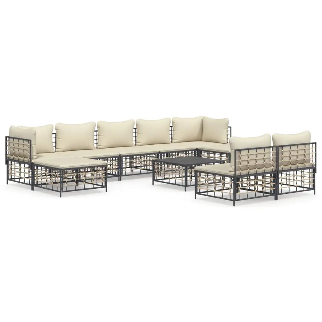 10 Piece Patio Lounge Set Cushions Anthracite Poly Rattan Outdoor Furniture