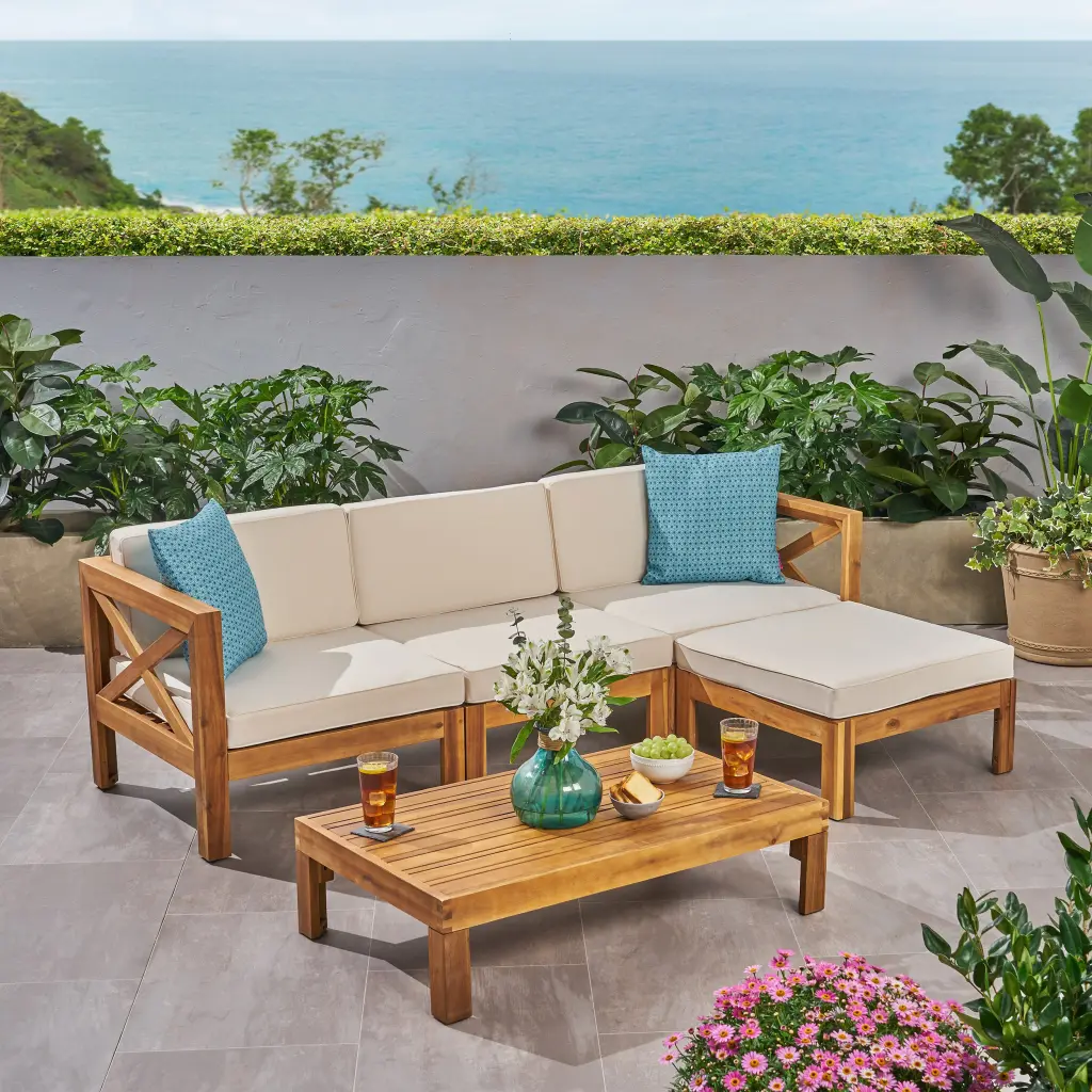 Beige L-Shaped Acacia Wood Alcove Sofa Set Seats 4 nh-gardenpara