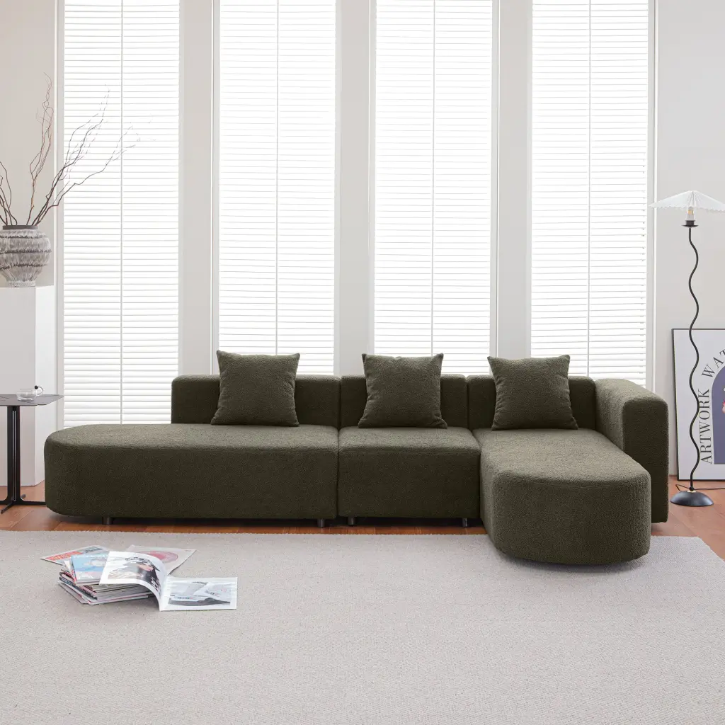 Modern L Shape Boucle Sofa Curved Seat Facing Right Green senge
