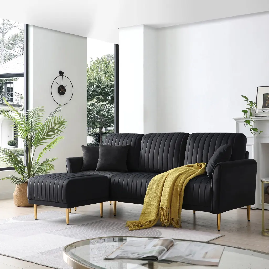 Living Room Sectional Black Sofa Couch Ottoman Modern L-Shaped Design ui furniture