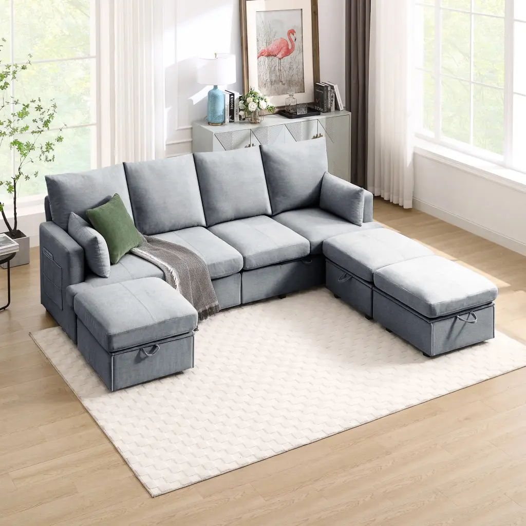 Modern U-Shaped Modular Sofa 7 Seat Chenille Sectional Couch Set 2 Chaises w2674
