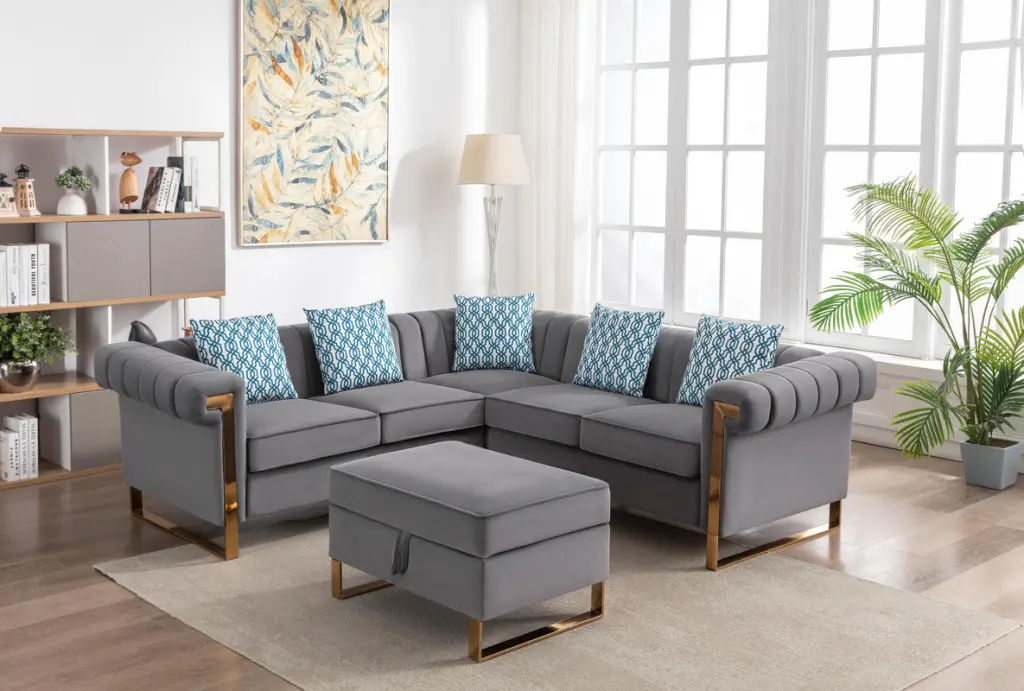 Maddie 88.5 Inch Gray Velvet 5 Seater Sectional Sofa Storage Ottoman lilola home