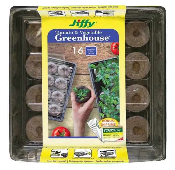 Jiffy Products J616ST-11 16-Cell Tomato and Vegetable Greenhouse Starter Kit Label