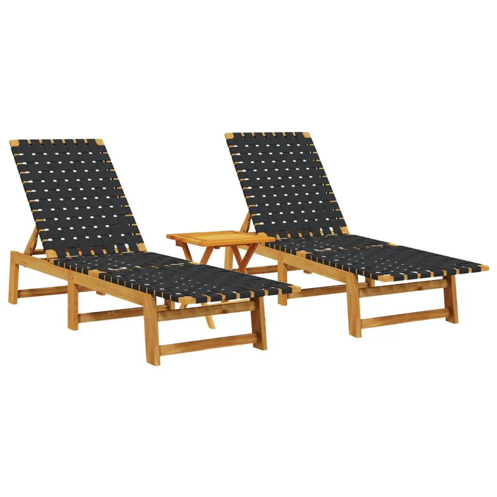 2 Piece Black Acacia Wood Sun Lounger Set Side Table