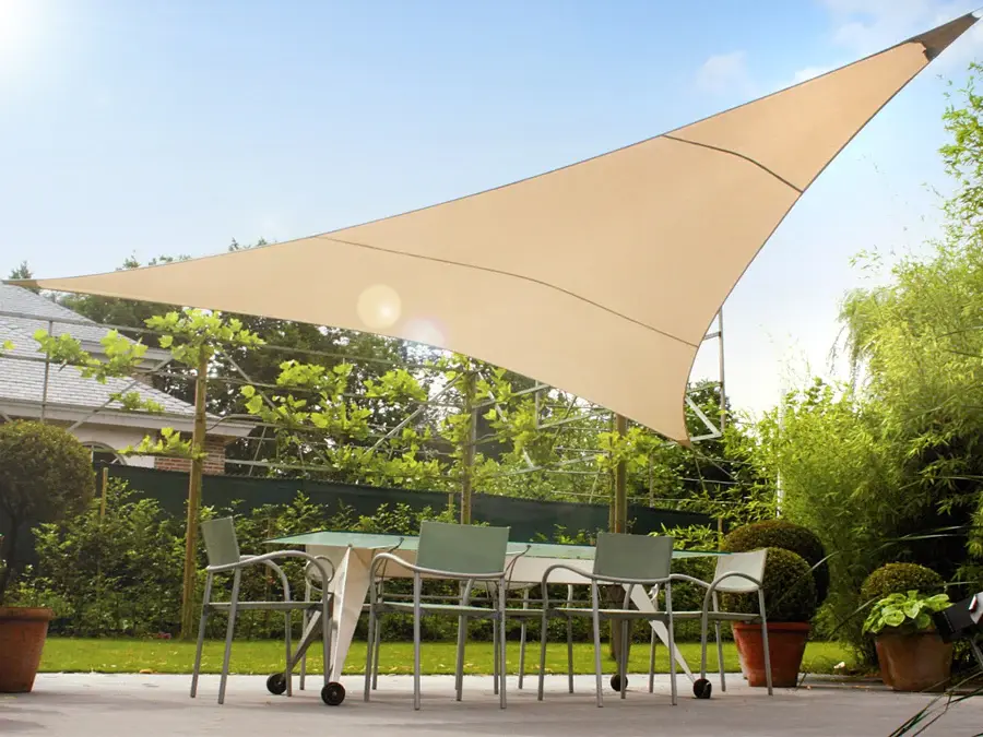 Solar LED UV poly-fiber garden shade sail 5m triangle GreenBlue GB502 cream.