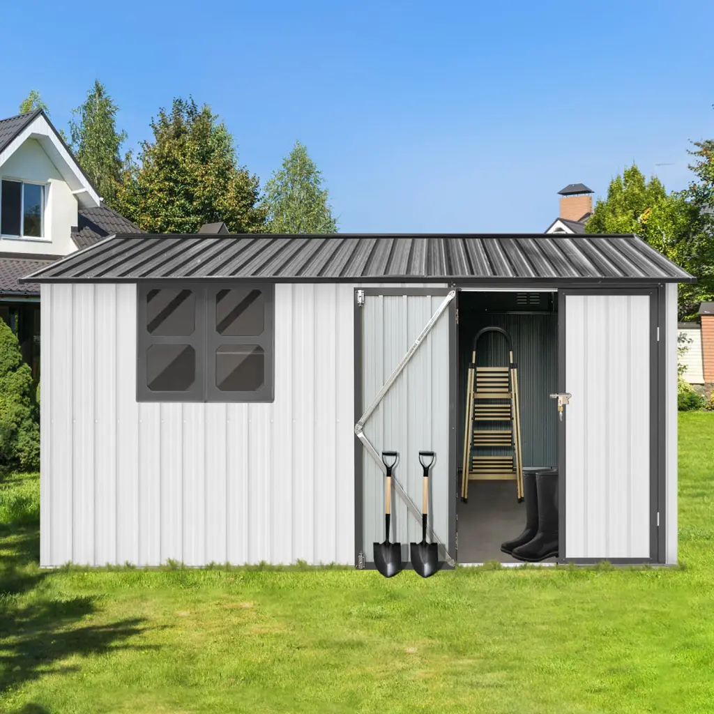 10x12 Ft Metallic Garden Shed Outdoor White Grey Window storage sheds