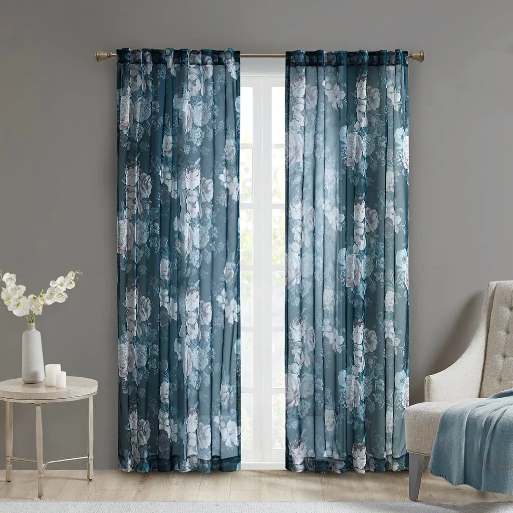 Printed Floral Rod Pocket and Back Tab Voile Sheer Curtain Navy Polyester jla
