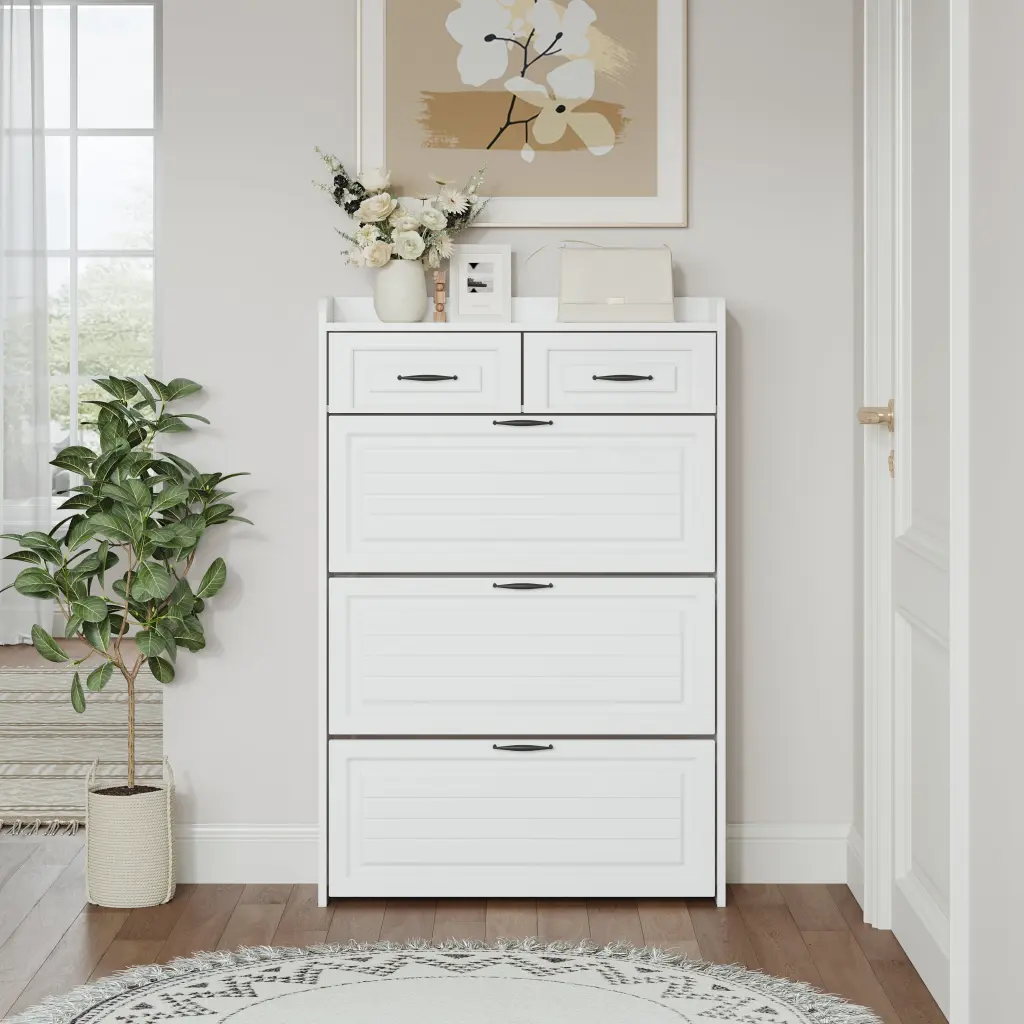 1250 White Hue Shoe Cabinet 3 Doors 2 Drawers Large Space Storage zr furniture