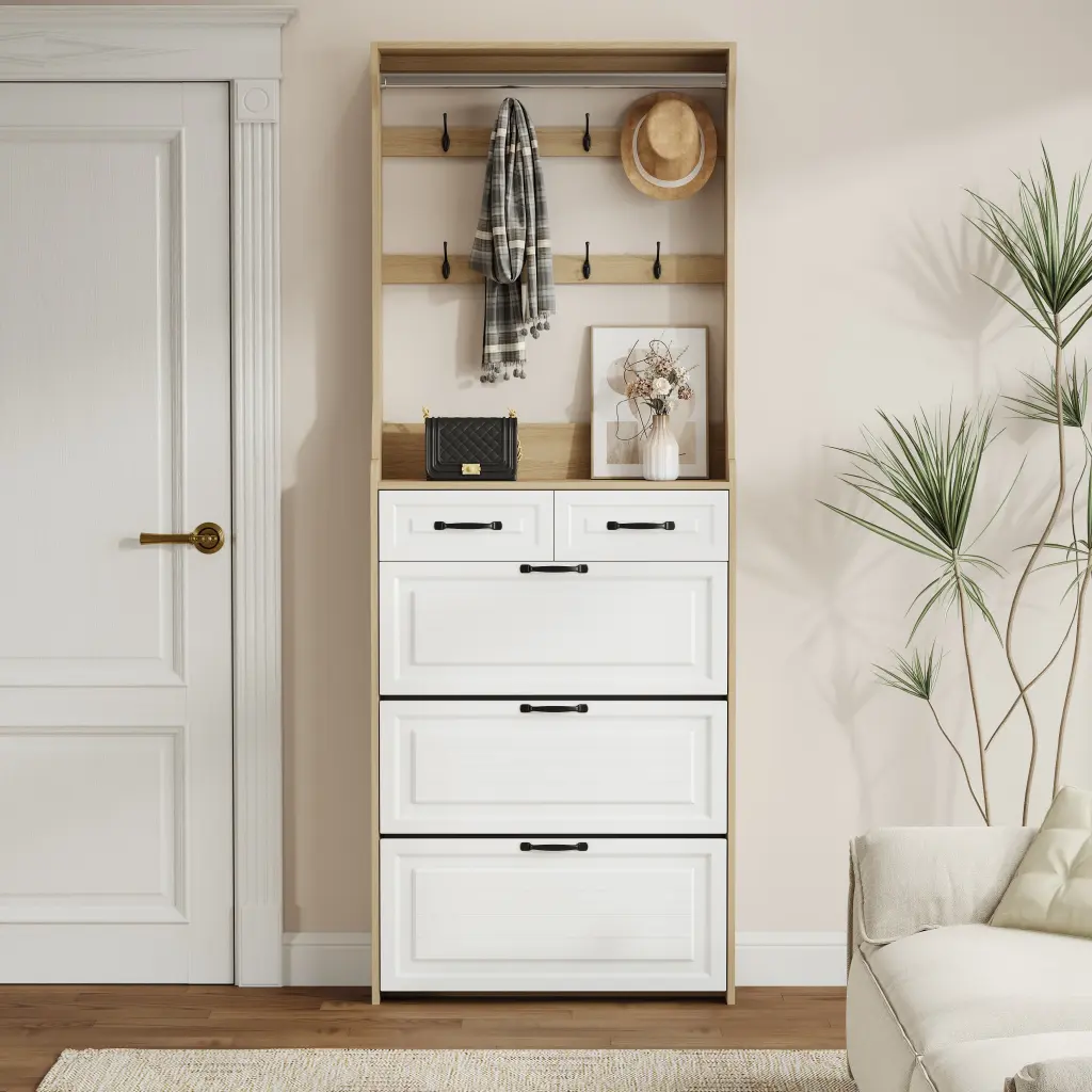 Oak Hue Shoe Cabinet 3 Doors 2 Drawers And Hanger PVC Door Storage zr furniture
