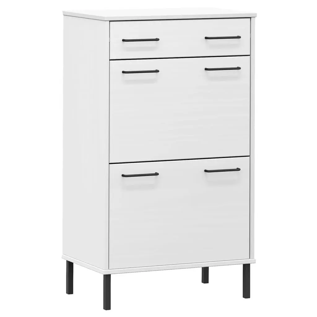 White OSLO Shoe Rack Metal Legs Solid Wood Pine Entryway Organizer
