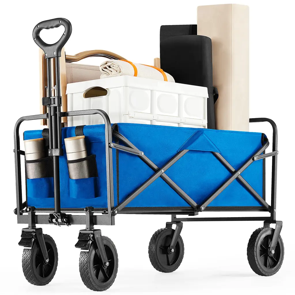 Folding Wagon Shopping Basket Wheels - Large Collapsible Grocery Cart Blue w2201