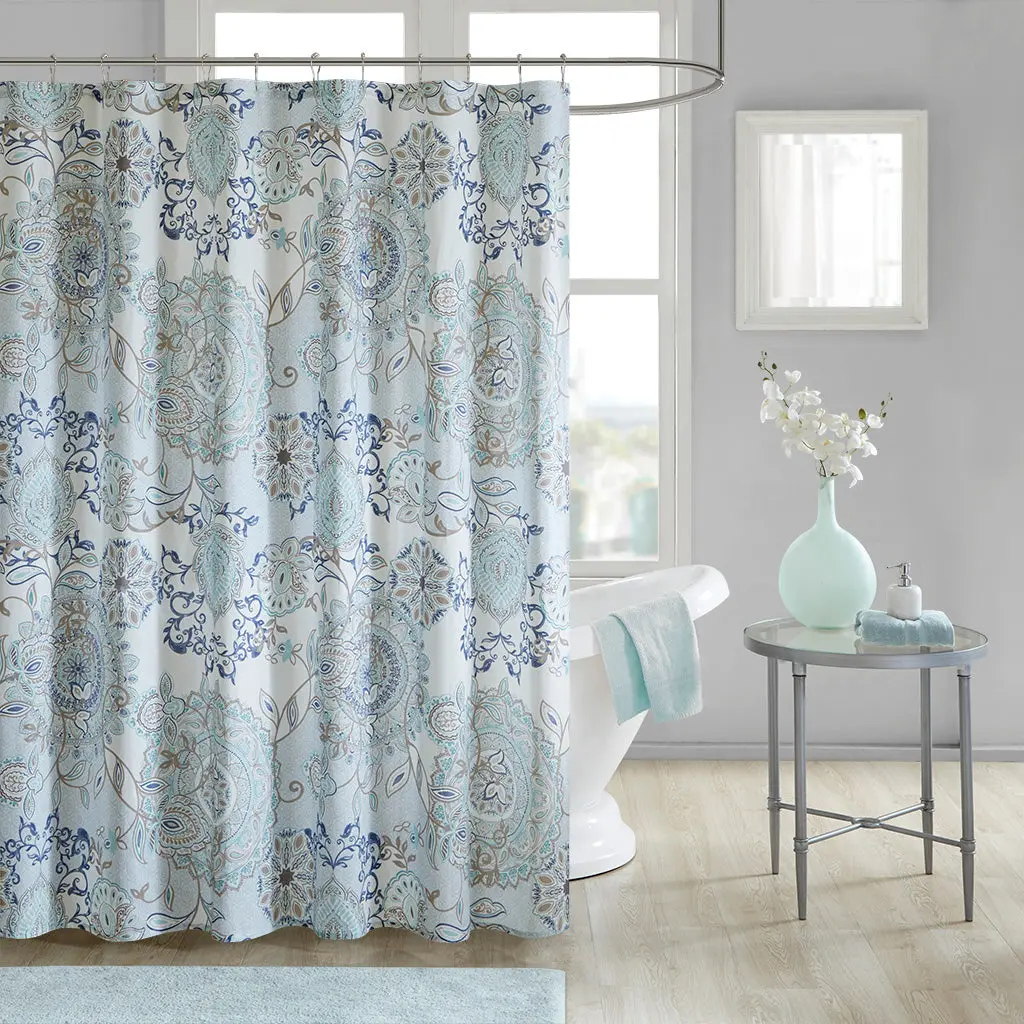 Printed Cotton Shower Curtain Blue Hooks jla