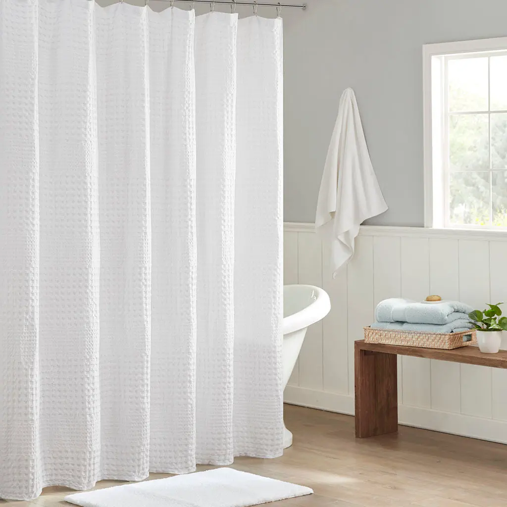 White Cotton Super Waffle Textured Solid Shower Curtain jla