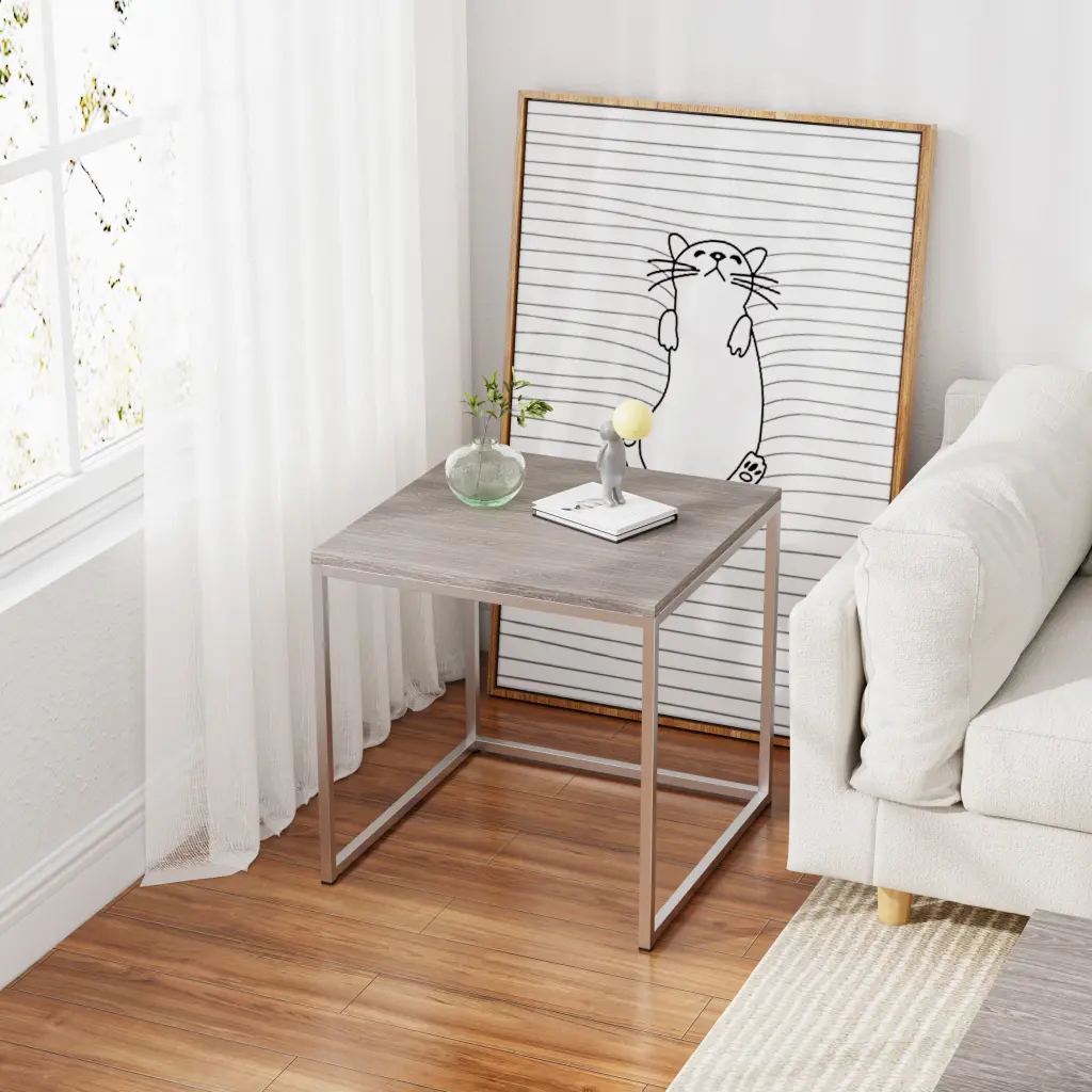 Alazyhome 23.8 Square Side Table Wood Finish and Silver Frame Modern Living Room Furniture