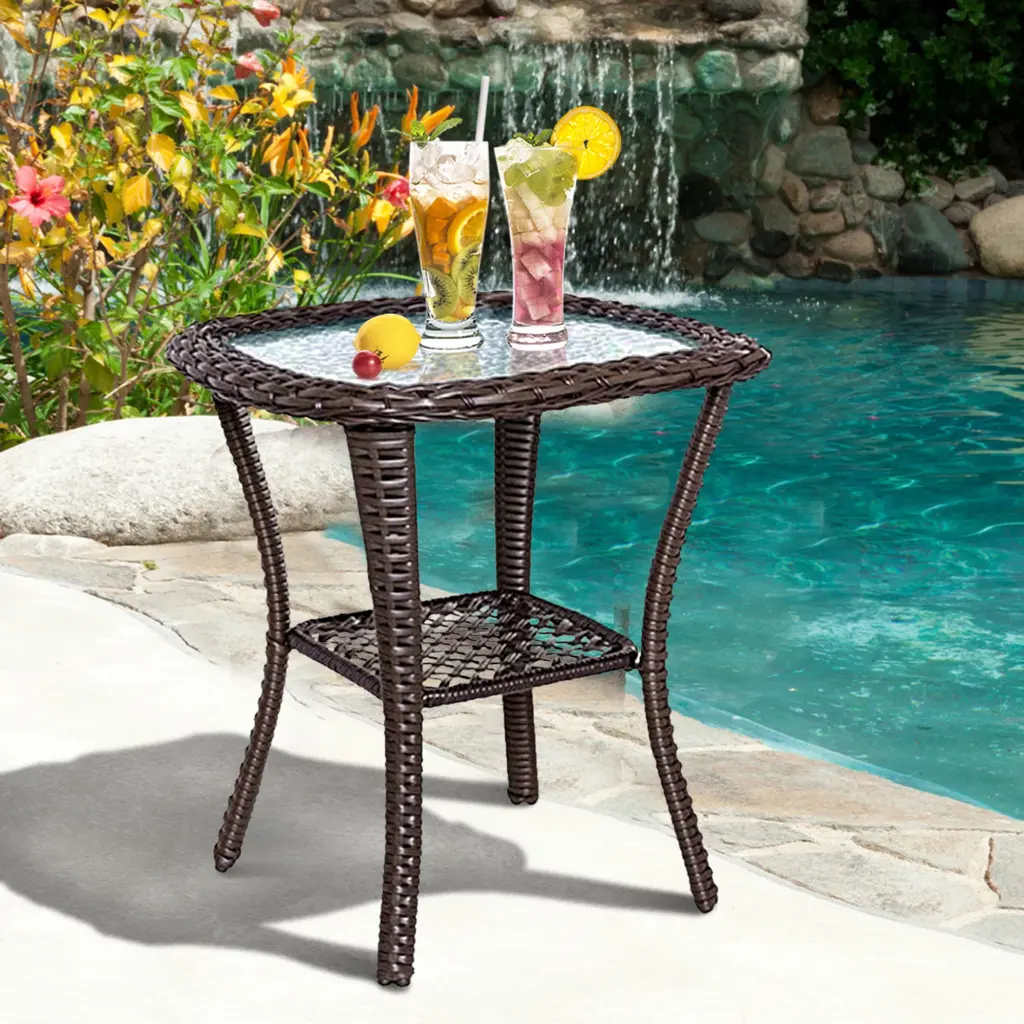 ATR ART to REAL Outdoor Wicker End Table Square Rattan Glass Top Side Table Patio Garden Brown
