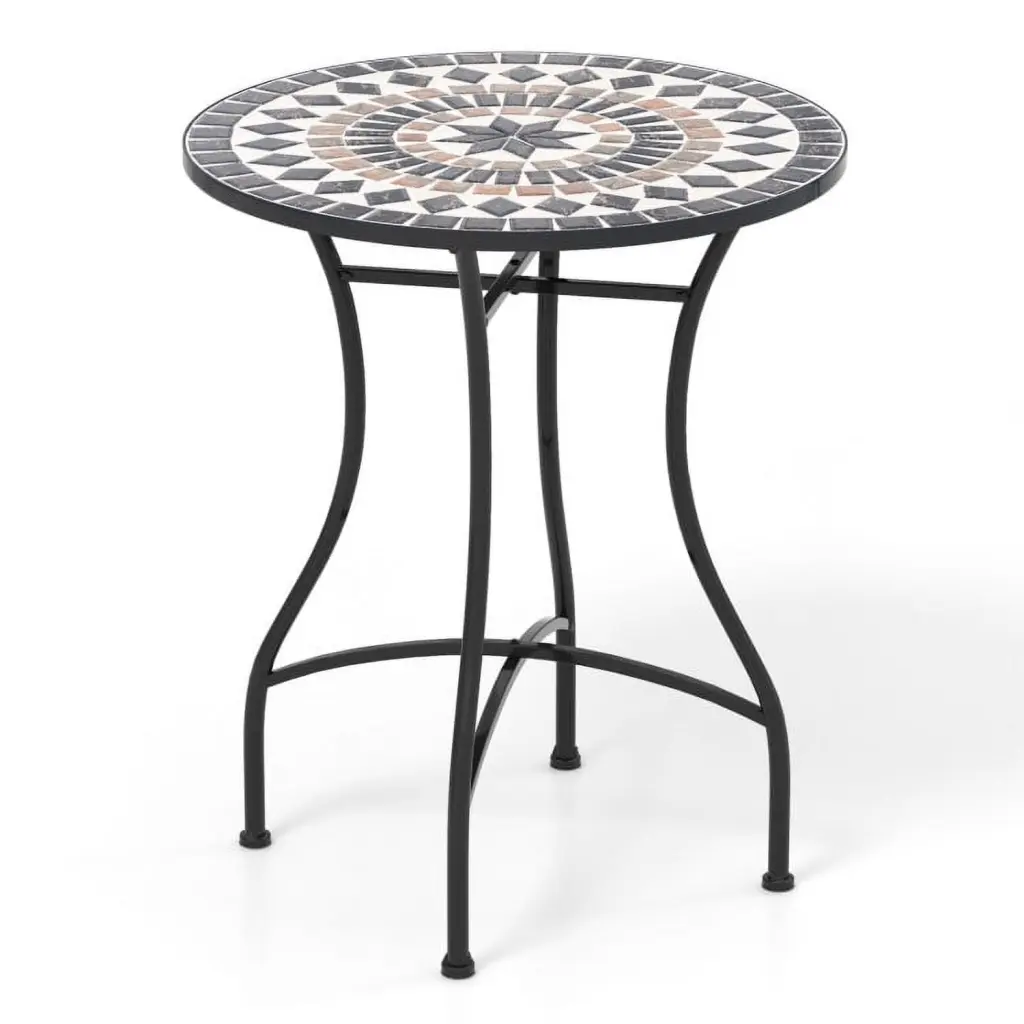 Barara King 24 Round End Table Relief Ceramic Tile Tabletop Metal Frame Living Room Bedroom