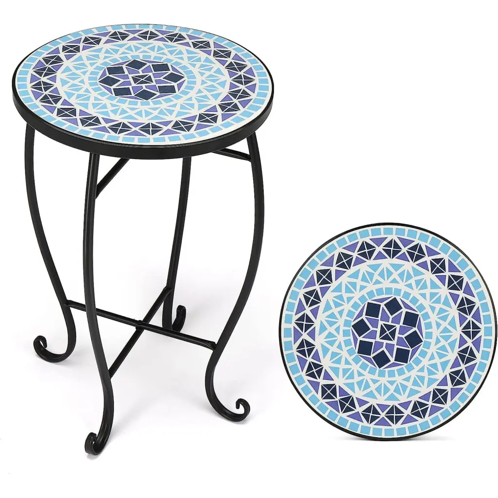 Bilot Mosaic Accent Table 14 Round Side Table Cobalt Glass Top Patio Porch Beach Theme Decor