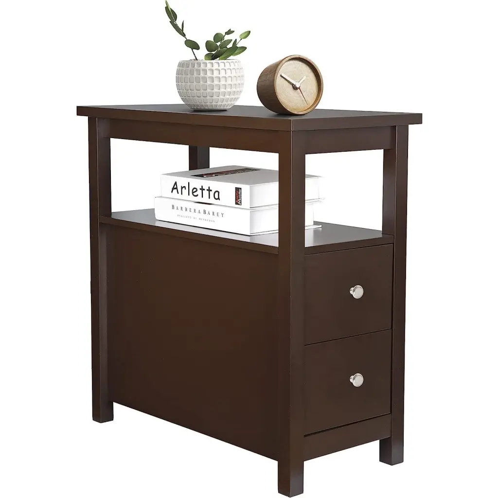 Bilot Narrow End Table Side Table Drawer and Open Shelf Sofa Table Espresso