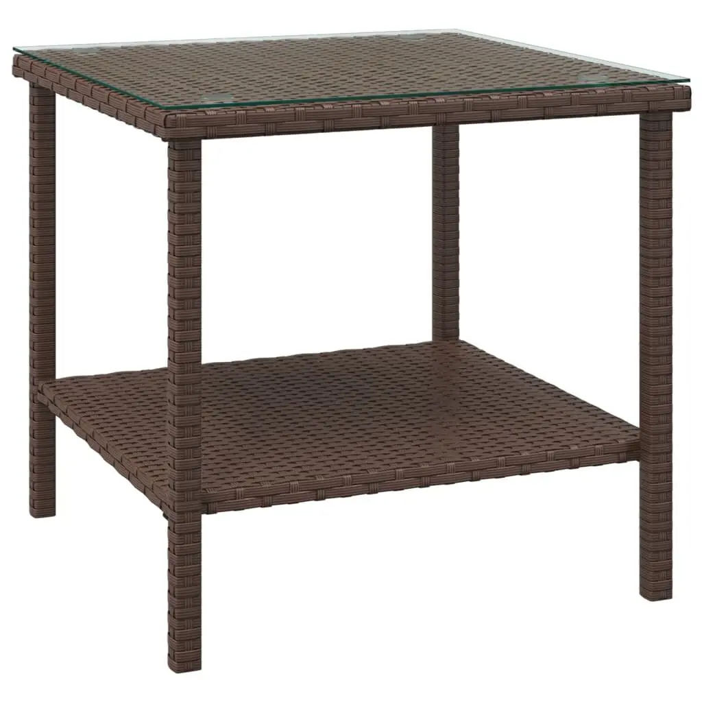 Brown Poly Rattan Side Table Tempered Glass Top 17.7 Inch Cube